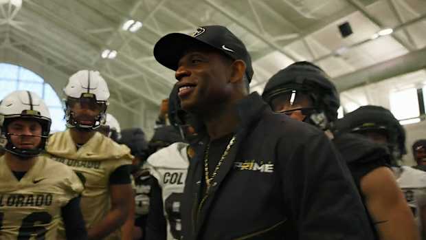Deion Sanders on practice field at CU